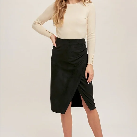 Elegant Black faux wrap Women's Skirt in faux suede - Picture 2 of 4